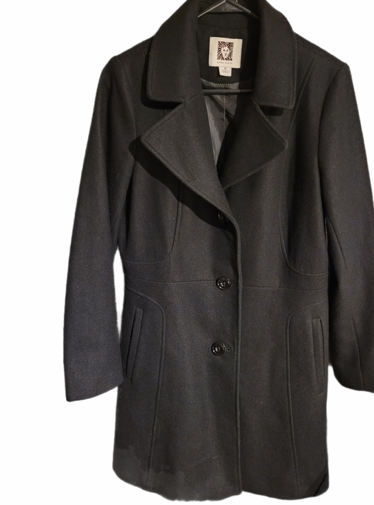 Anne Klein Black Wool Mid Length Button Down Coat